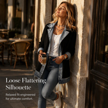 Seasonal Style🛍️Women’s Elegant Denim Spliced Ribbed Knit Coat