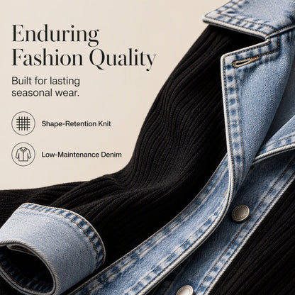 Seasonal Style🛍️Women’s Elegant Denim Spliced Ribbed Knit Coat