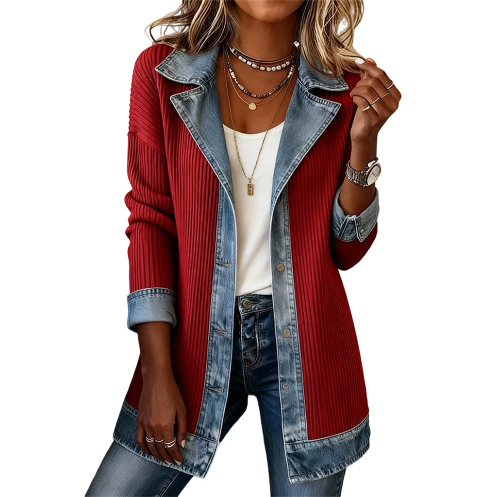 Seasonal Style🛍️Women’s Elegant Denim Spliced Ribbed Knit Coat
