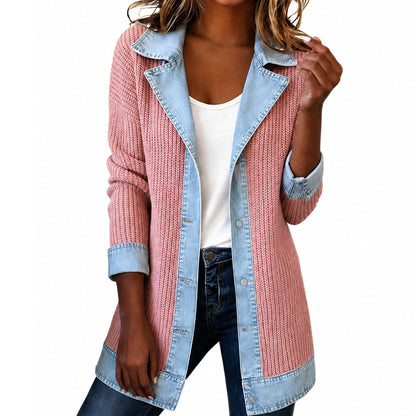 Seasonal Style🛍️Women’s Elegant Denim Spliced Ribbed Knit Coat