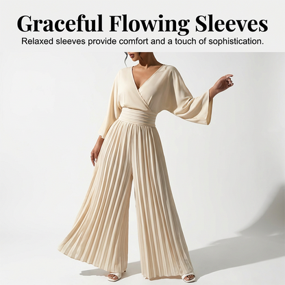 👖 50% OFF! Women’s V-Neck 3/4 Sleeve Pleated Wide Leg Jumpsuit, Smocked Waist Day To Night Office & Occasion Wear