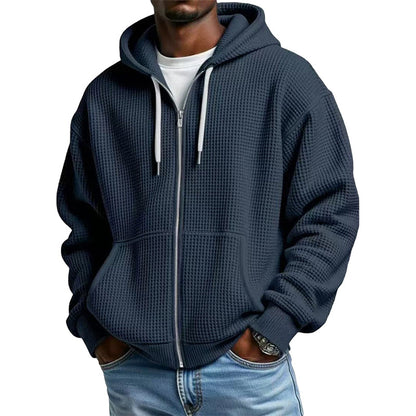 🍂Men's Full -Zip Waffle Knit Hooded Sweatshirt – Cozy Comfort Meets Everyday Style