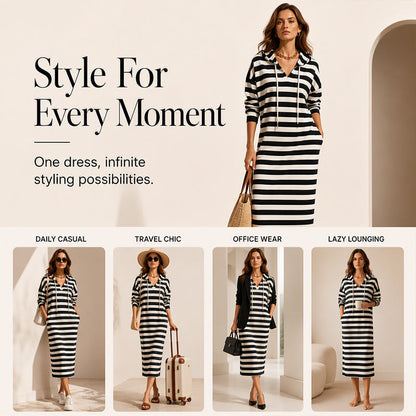 🍂 Easy Everyday Comfort | Women's Striped Hooded Casual Dress