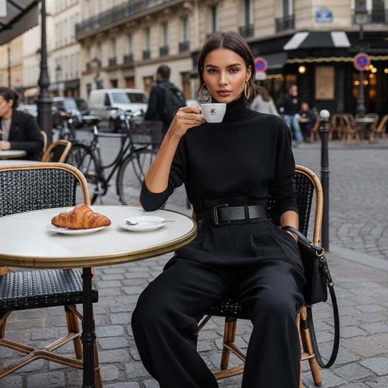 ✨ Effortless Elegance | Women's Turtleneck Top & High-Waist Pants 2-Piece Set