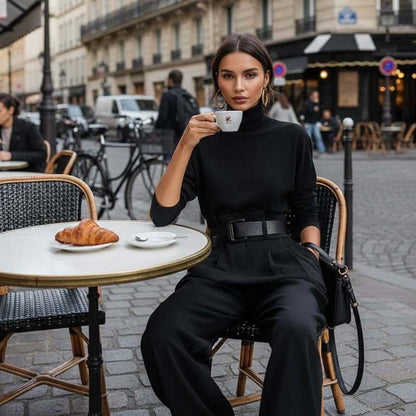 ✨ Effortless Elegance | Women's Turtleneck Top & High-Waist Pants 2-Piece Set