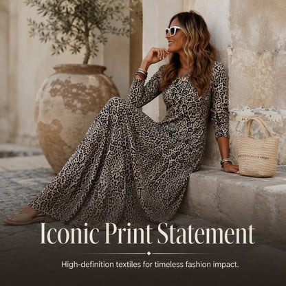 ✨ Timeless Statement Style | Women's Leopard Print Long-Sleeve Maxi Dress