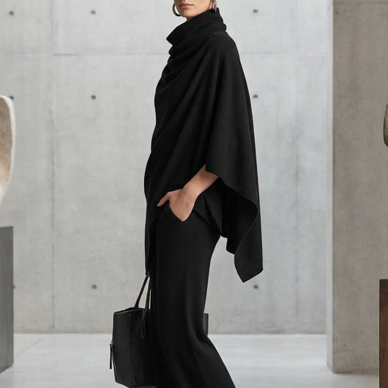 ✨ Elevated Comfort | Women's Cowl-Neck Cape & Wide-Leg Pants 2-Piece Set