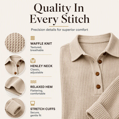 ✨ Easy Everyday Comfort | Women's Waffle-Knit Henley Long-Sleeve Top