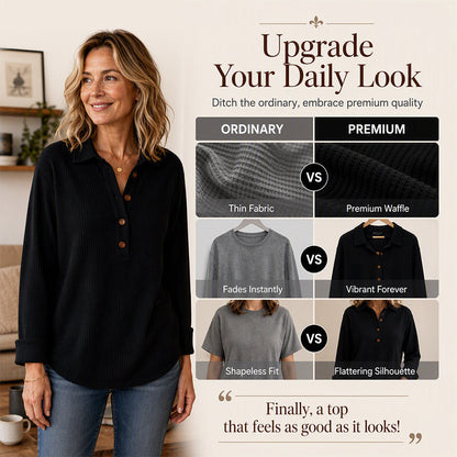 ✨ Easy Everyday Comfort | Women's Waffle-Knit Henley Long-Sleeve Top