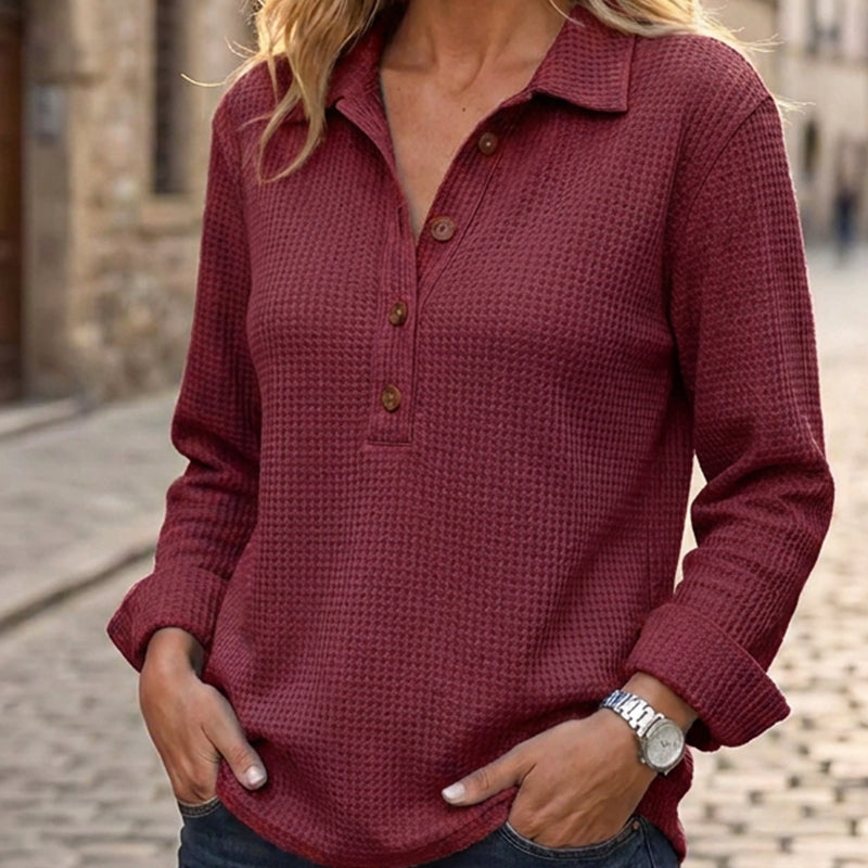 ✨ Easy Everyday Comfort | Women's Waffle-Knit Henley Long-Sleeve Top