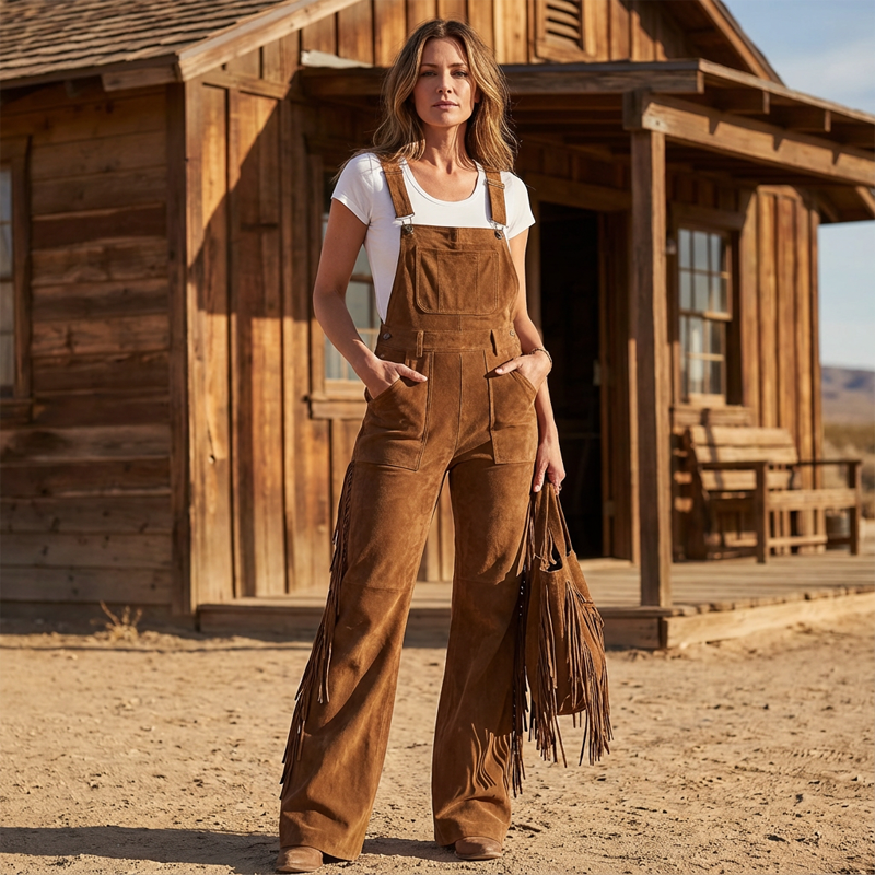 🤠 Western Statement Style | Women's Suede-Look Fringe Wide-Leg Overalls