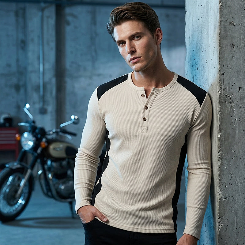 Men's Color Block Waffle Knit Henley Shirt