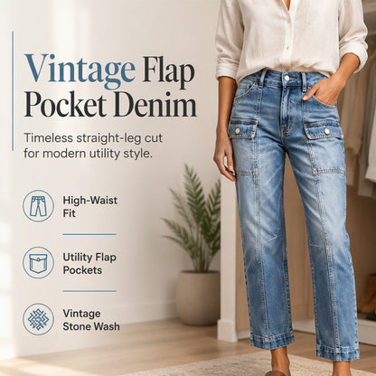 👖 Flattering Utility Style | Women's High-Waist Flap-Pocket Straight-Leg Jeans