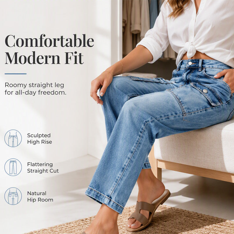 👖 Flattering Utility Style | Women's High-Waist Flap-Pocket Straight-Leg Jeans