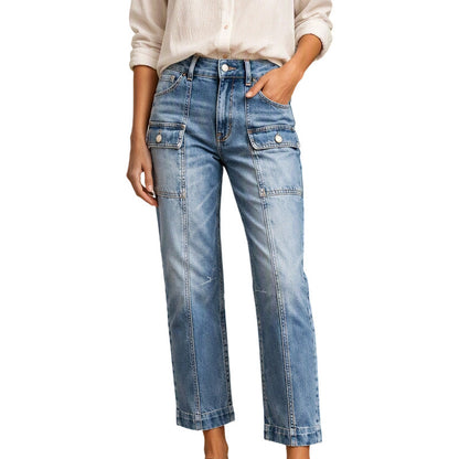 👖 Flattering Utility Style | Women's High-Waist Flap-Pocket Straight-Leg Jeans
