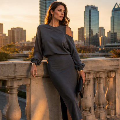 ✨ One Set, Two Easy Looks | Women's Slanted-Shoulder Sweatshirt & Sleeveless Dress Set