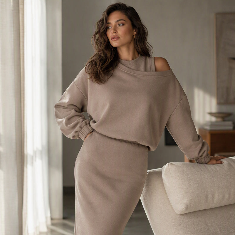✨ One Set, Two Easy Looks | Women's Slanted-Shoulder Sweatshirt & Sleeveless Dress Set