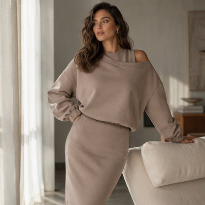 ✨ One Set, Two Easy Looks | Women's Slanted-Shoulder Sweatshirt & Sleeveless Dress Set