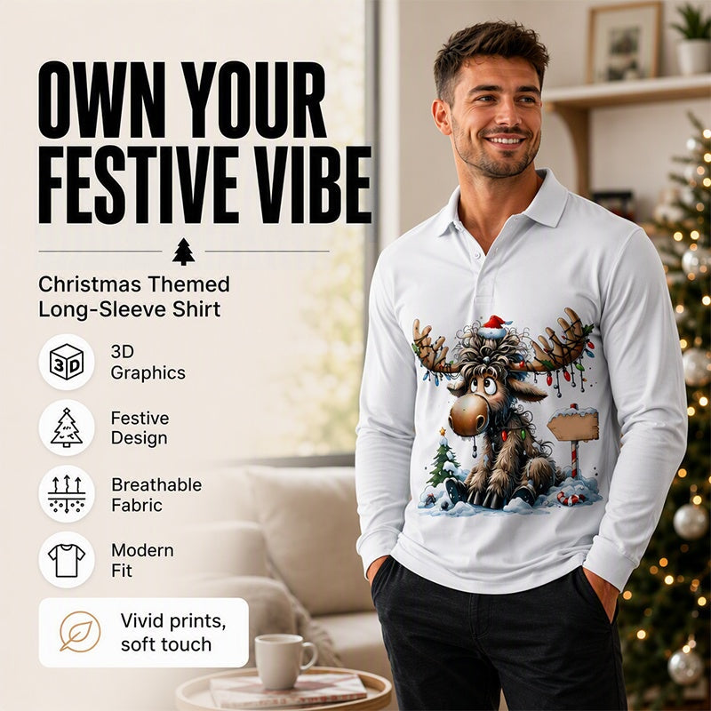 Men's Moose Print Long Sleeve Collared Top