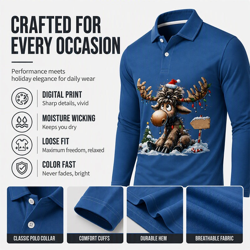 Men's Moose Print Long Sleeve Collared Top