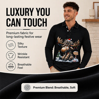 Men's Moose Print Long Sleeve Collared Top