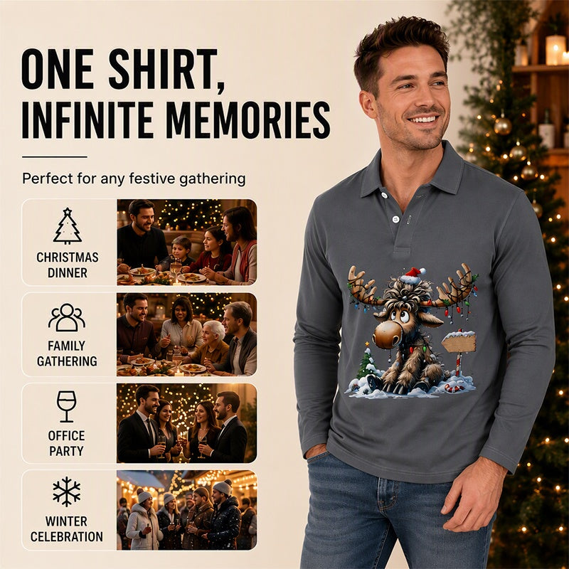 Men's Moose Print Long Sleeve Collared Top