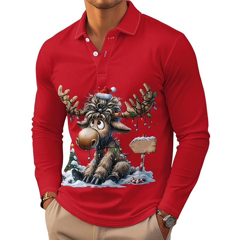 Men's Moose Print Long Sleeve Collared Top