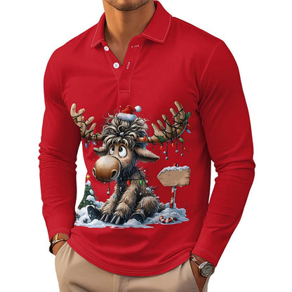 Men's Moose Print Long Sleeve Collared Top