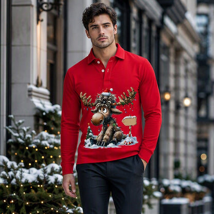 Men's Moose Print Long Sleeve Collared Top
