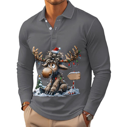 Men's Moose Print Long Sleeve Collared Top