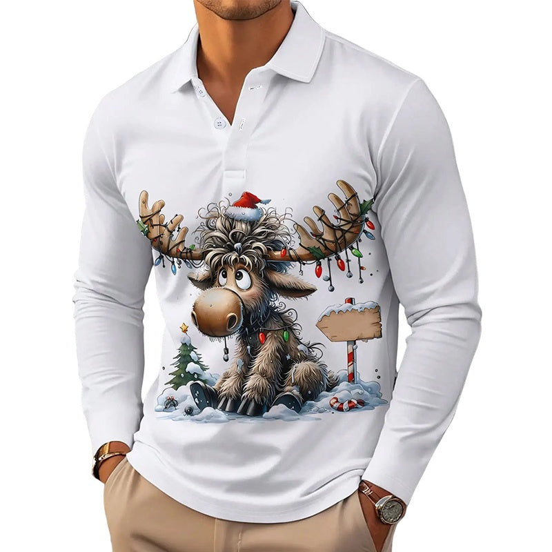 Men's Moose Print Long Sleeve Collared Top