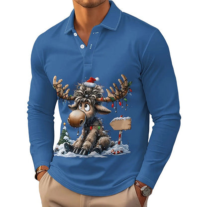 Men's Moose Print Long Sleeve Collared Top