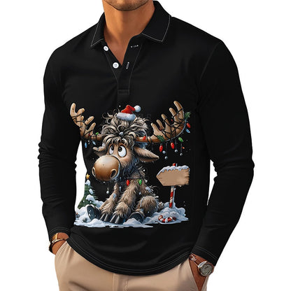 Men's Moose Print Long Sleeve Collared Top