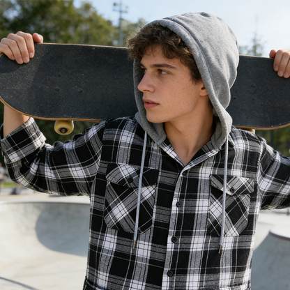 Men's Plaid Flannel Hooded Shirt Jacket