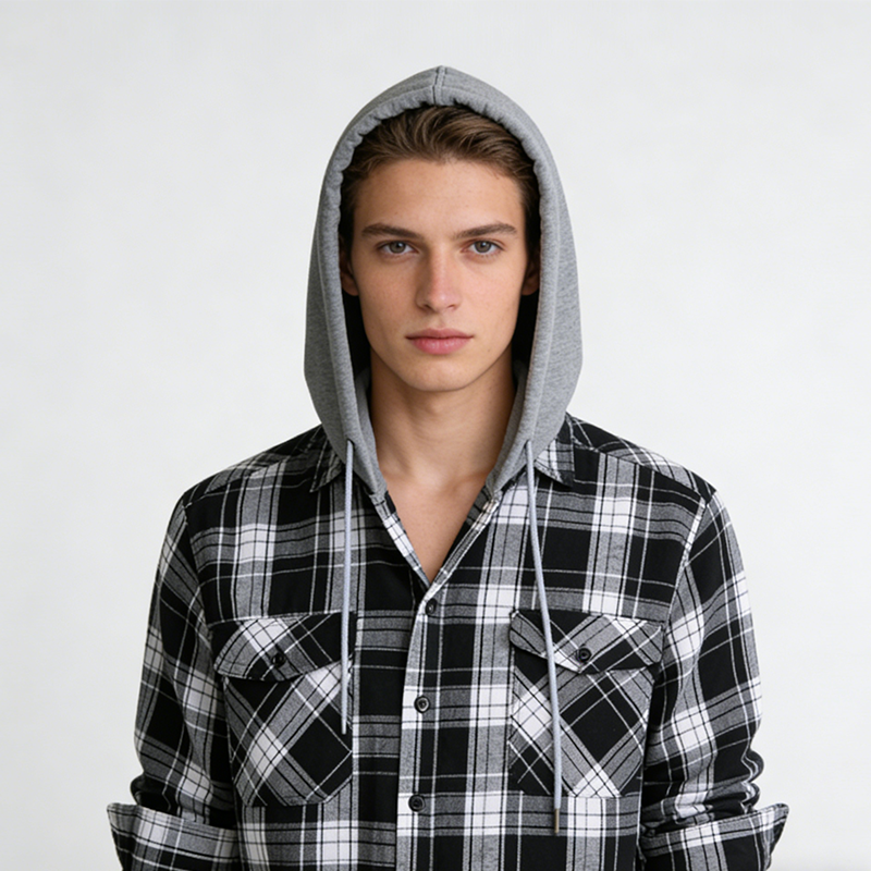 Men's Plaid Flannel Hooded Shirt Jacket