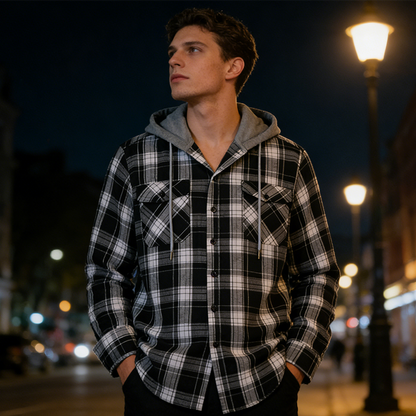 Men's Plaid Flannel Hooded Shirt Jacket