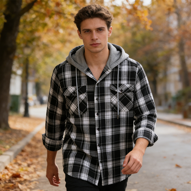 Men's Plaid Flannel Hooded Shirt Jacket