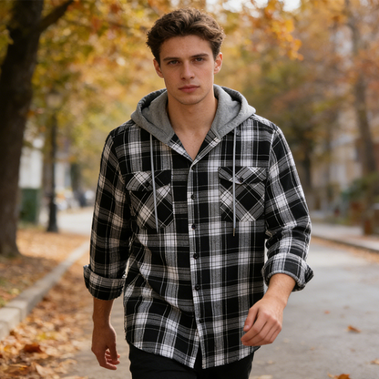 Men's Plaid Flannel Hooded Shirt Jacket
