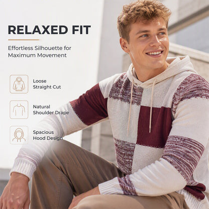 Men's Casual Plaid Patchwork Hooded Knit Sweater