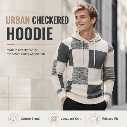 Men's Casual Plaid Patchwork Hooded Knit Sweater