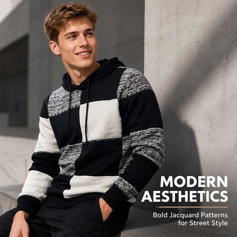 Men's Casual Plaid Patchwork Hooded Knit Sweater