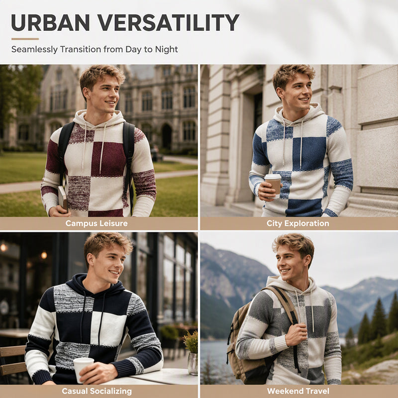 Men's Casual Plaid Patchwork Hooded Knit Sweater