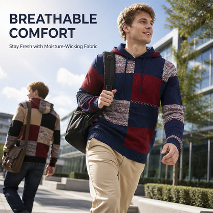 Men's Casual Plaid Patchwork Hooded Knit Sweater