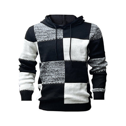 Men's Casual Plaid Patchwork Hooded Knit Sweater