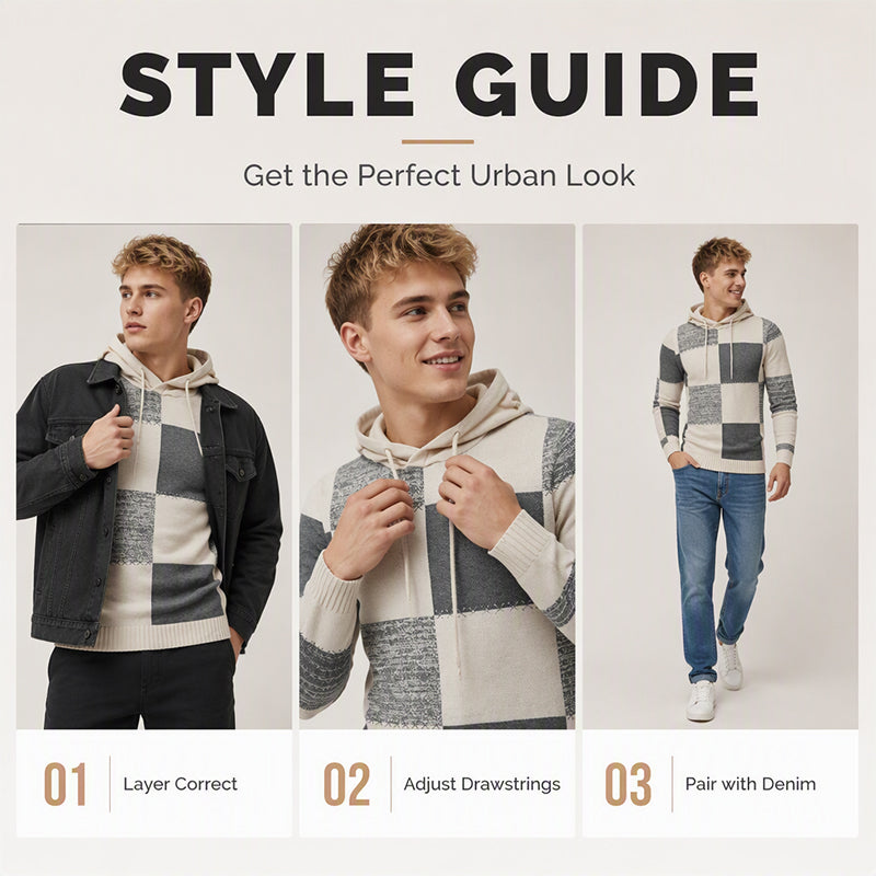 Men's Casual Plaid Patchwork Hooded Knit Sweater