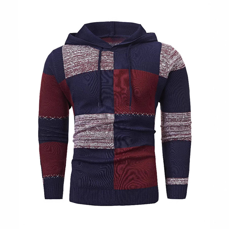 Men's Casual Plaid Patchwork Hooded Knit Sweater