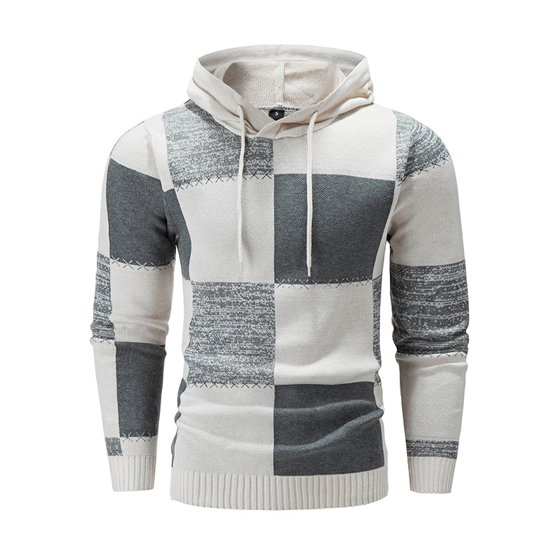 Men's Casual Plaid Patchwork Hooded Knit Sweater