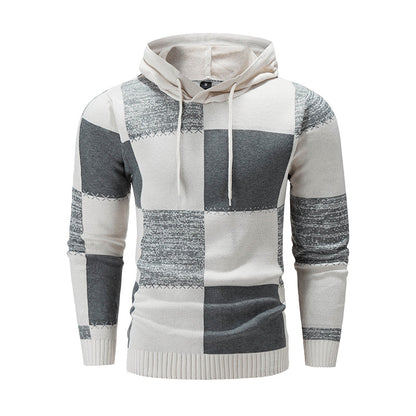 Men's Casual Plaid Patchwork Hooded Knit Sweater