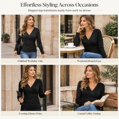 Women's Slim Fit V Neck Long Sleeve Ruched Waist Top for Spring and Autumn